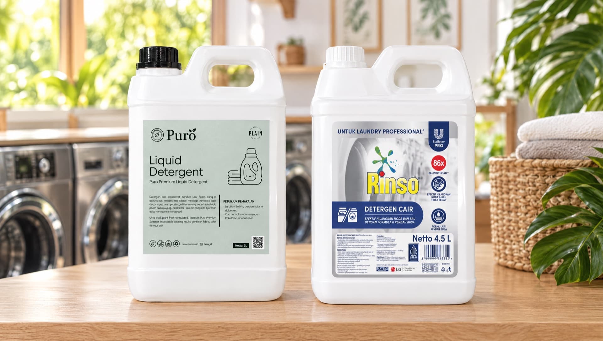 PURO liquid detergent and Rinso professional liquid detergent jerry cans side by side on a laundry counter in Bali